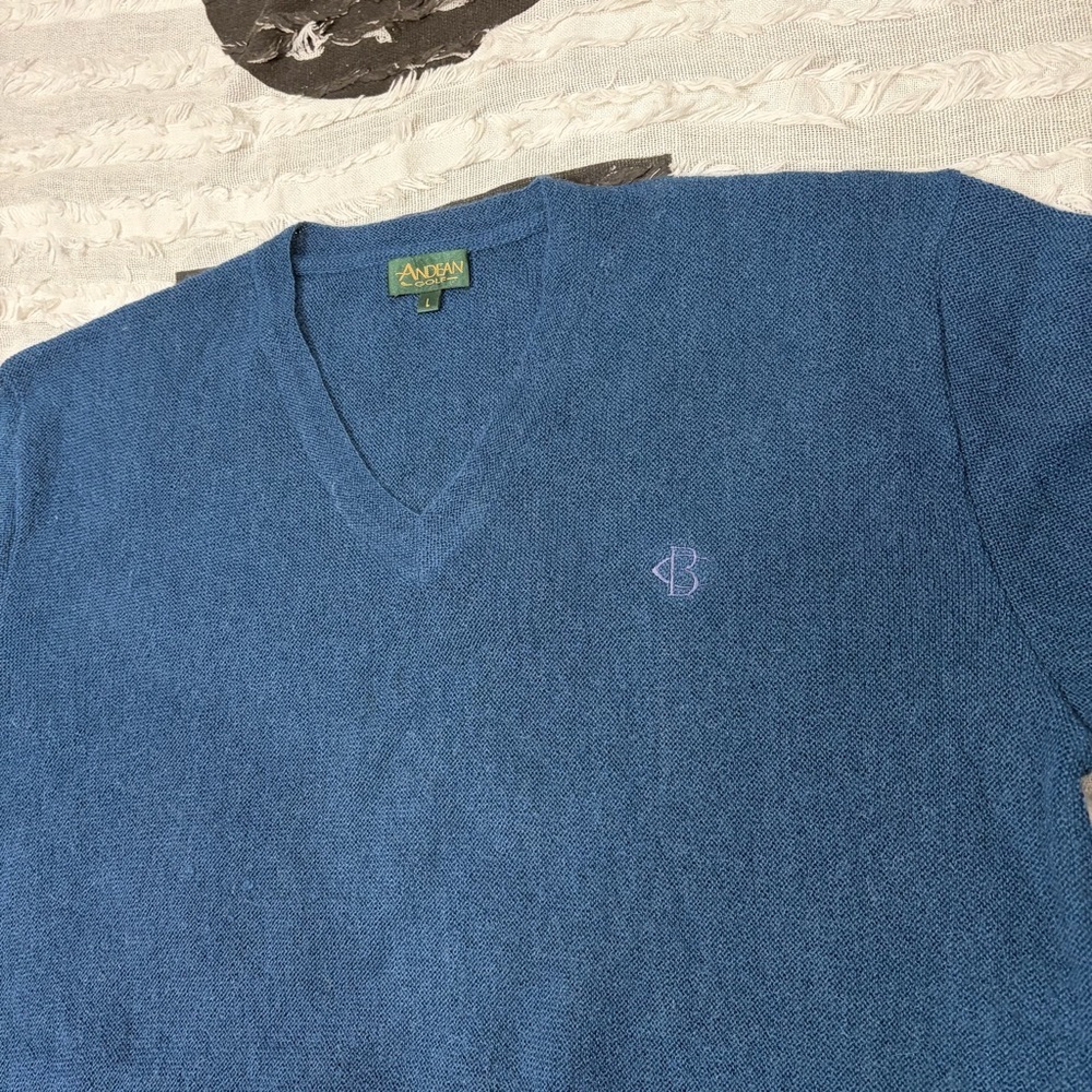 Andean Sweater Mens L Blue 100% Alpaca V Neck Knit Peru Grandpacore Golf Luxury - Picture 2 of 10